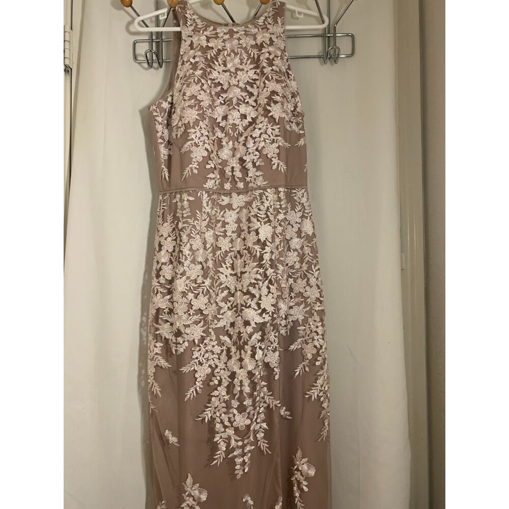 JS Collections Taupe Floral Embroidered Mesh Evening Gown Women’s  Formal Dress